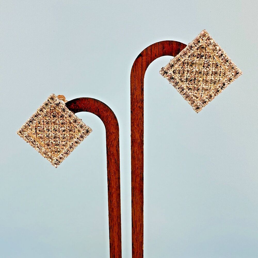 Vintage Paved Rhinestone Clip On Earrings Square Diamond Shape Silver Tone
